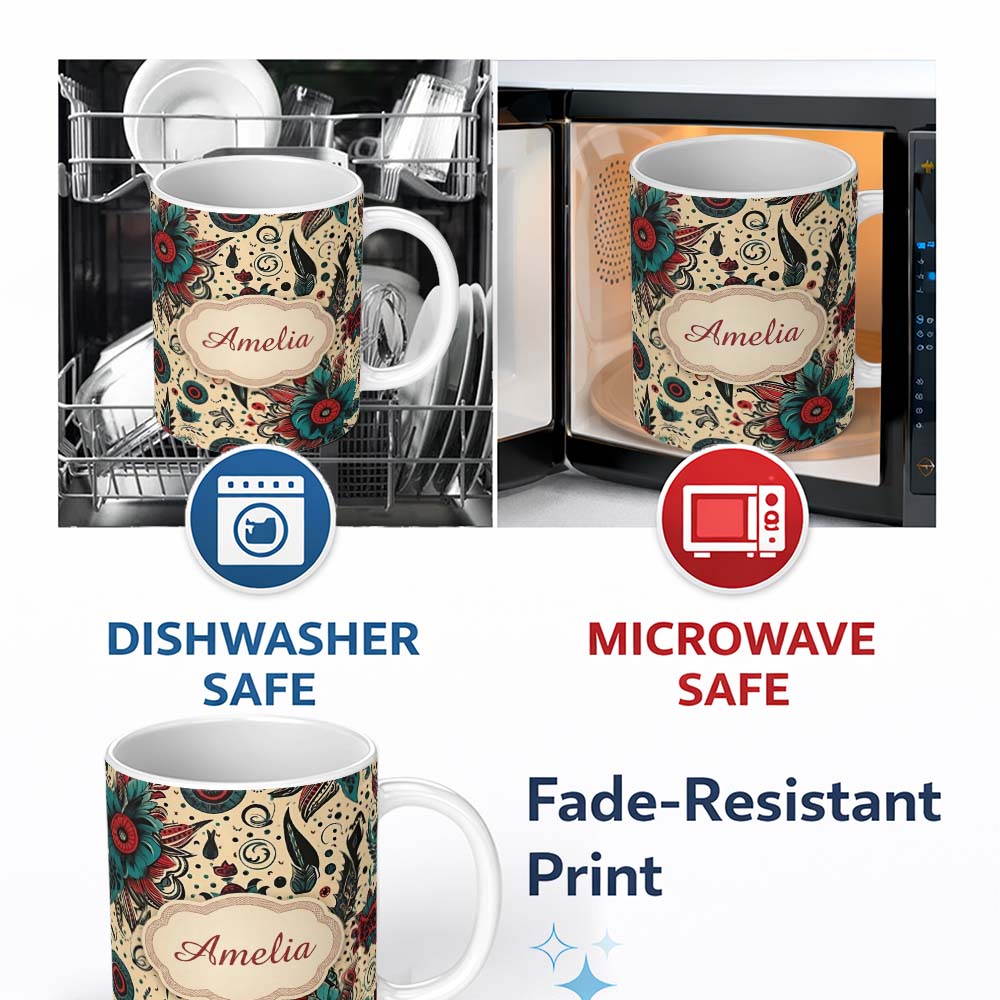 Personalized Custom Name Abstract Floral Folk Art Tattoo Seamless Pattern Name Cute Unique 11oz Ceramic Coffee Tea Mug White Large Handle
