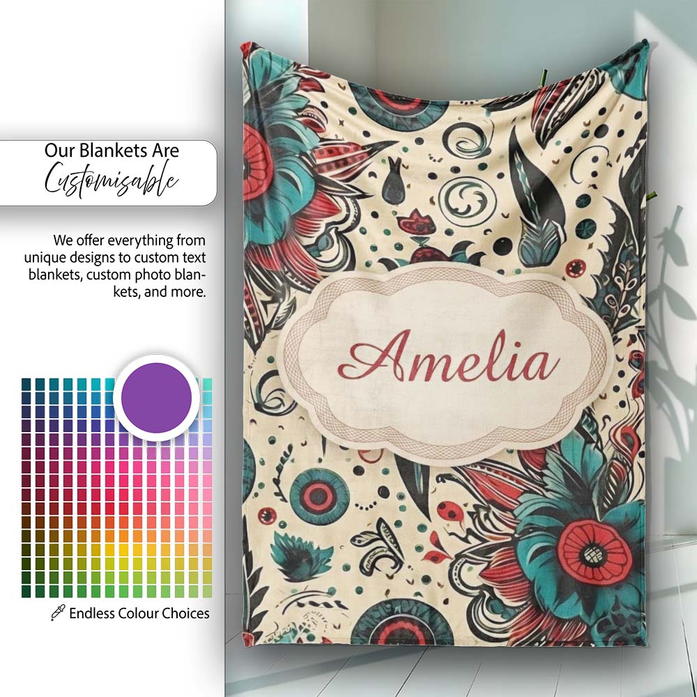 Abstract Floral Folk Art Tattoo Seamless Pattern Name Cute Unique Personalised Custom Name Super Soft Fleece Blanket Bed Sofa Throw