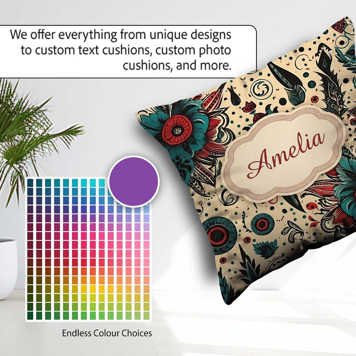Custom Name Abstract Floral Folk Art Seamless Pattern Name Cute Square Filled Cushion Throw Pillow Sofa Bed Home Decor Zip Washable UK Made