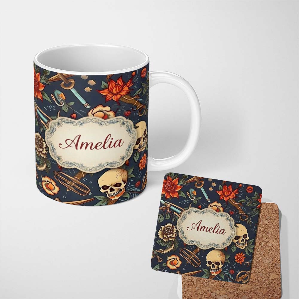 Personalized Custom Name Dark Skull Floral Dagger Tattoo Seamless Pattern Name Cute Unique 11oz Ceramic Coffee Tea Mug White Large Handle