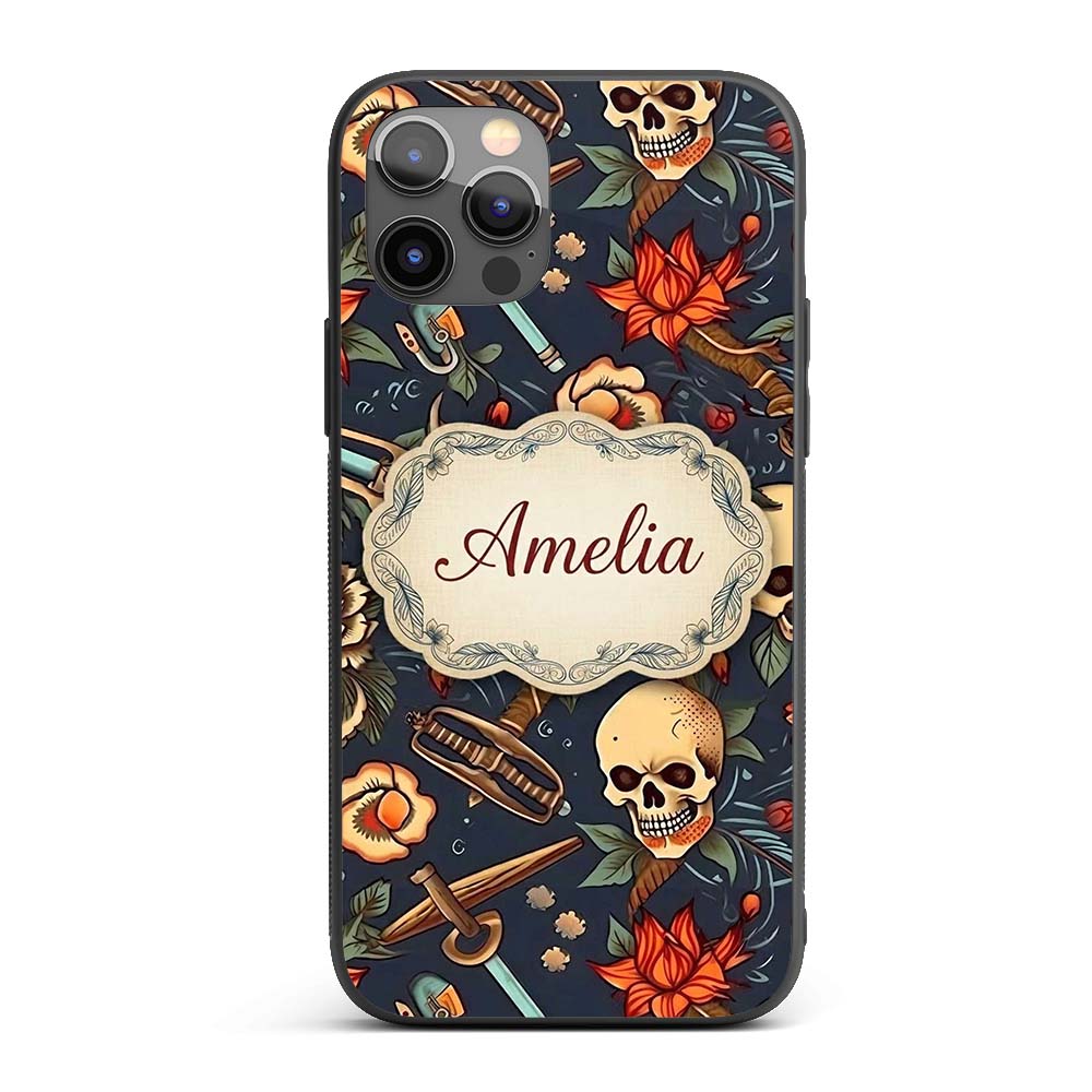 Dark Skull Floral Dagger Tattoo Seamless Pattern Custom Name Protective Phone Case Mobile Cover Durable Everyday Smartphone Shock Resistant