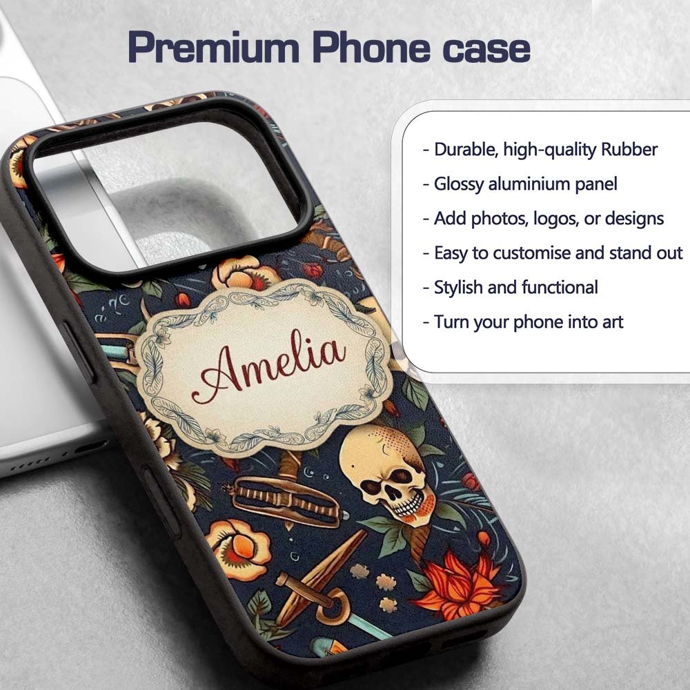Dark Skull Floral Dagger Tattoo Seamless Pattern Custom Name Protective Phone Case Mobile Cover Durable Everyday Smartphone Shock Resistant