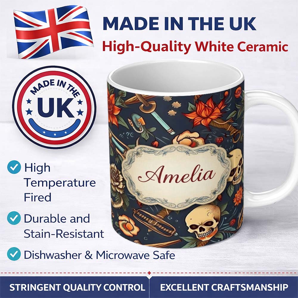 Personalized Custom Name Dark Skull Floral Dagger Tattoo Seamless Pattern Name Cute Unique 11oz Ceramic Coffee Tea Mug White Large Handle