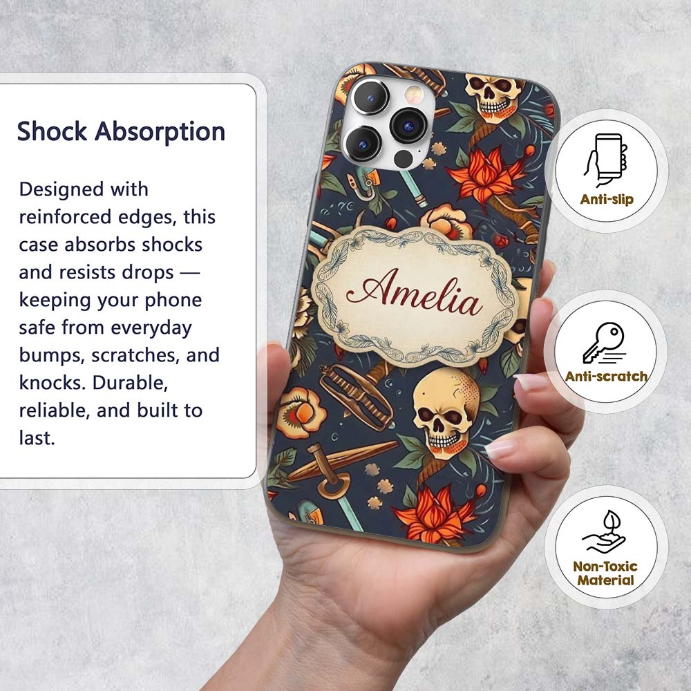 Dark Skull Floral Dagger Tattoo Seamless Pattern Custom Name Protective Phone Case Mobile Cover Durable Everyday Smartphone Shock Resistant