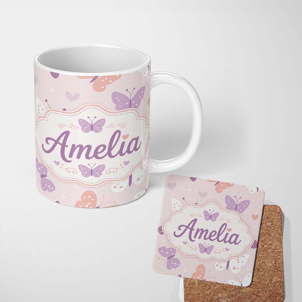 Personalized Custom Name Cute Pastel Butterfly Hearts Seamless Pattern Name Unique Gift 11oz Ceramic Coffee Tea Mug White Large Handle