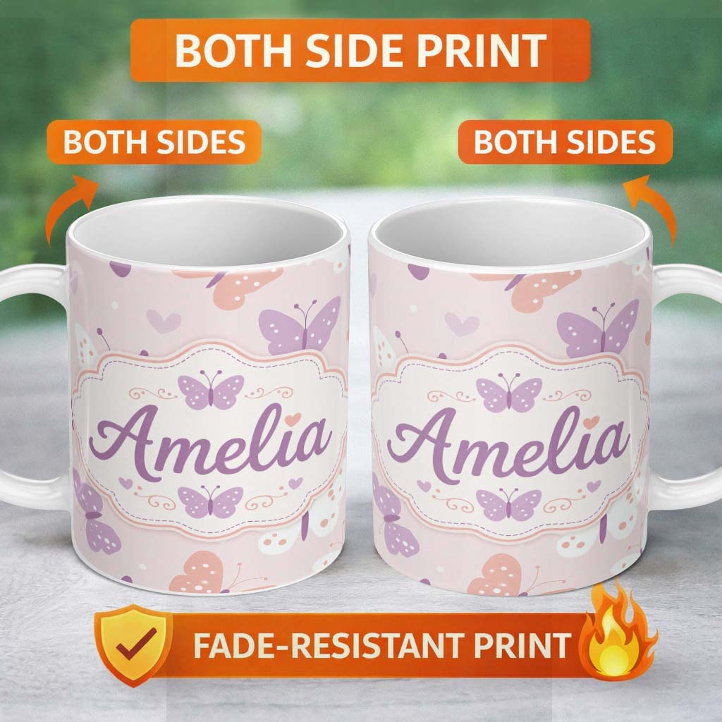 Personalized Custom Name Cute Pastel Butterfly Hearts Seamless Pattern Name Unique Gift 11oz Ceramic Coffee Tea Mug White Large Handle