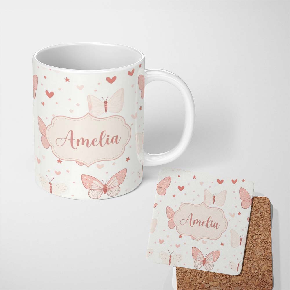 Personalized Custom Name Cute Pink Butterfly Hearts Soft Pastel Seamless Pattern Name Unique 11oz Ceramic Coffee Tea Mug White Large Handle