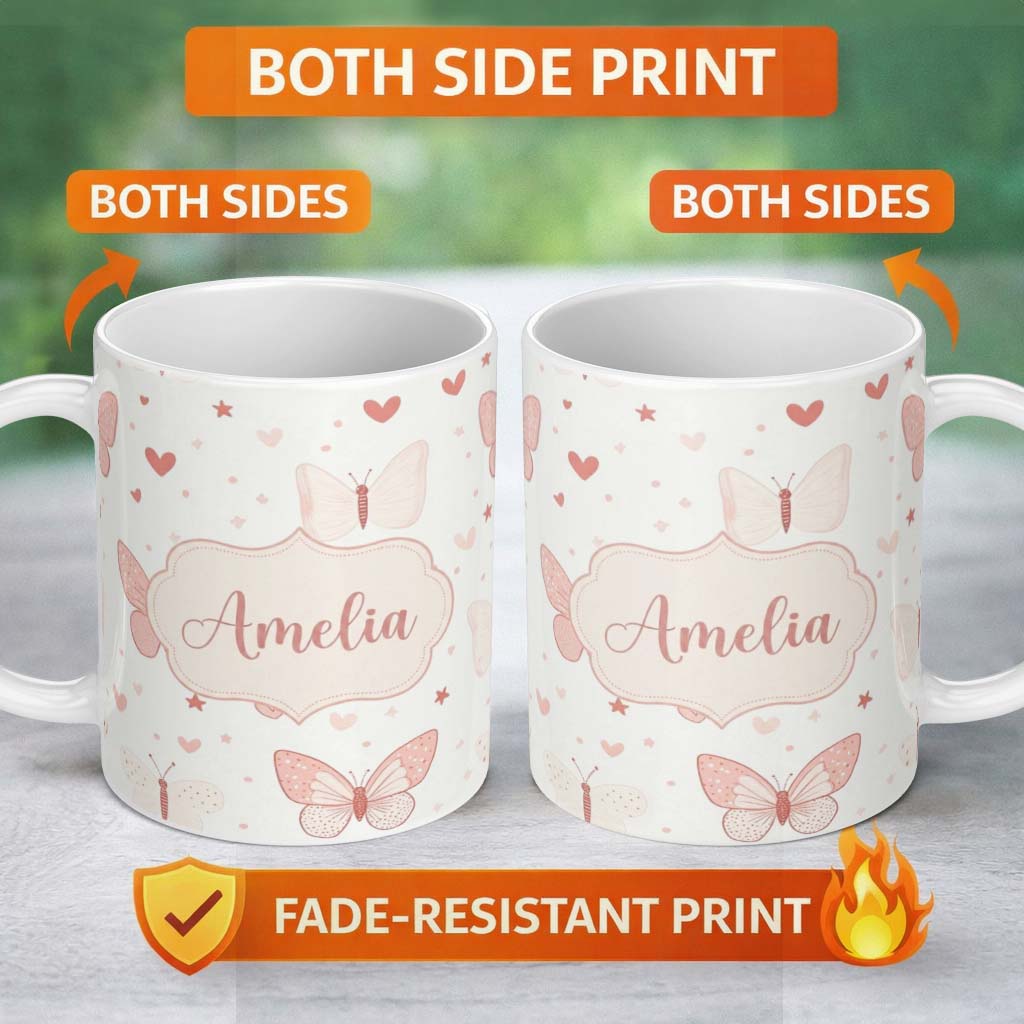 Personalized Custom Name Cute Pink Butterfly Hearts Soft Pastel Seamless Pattern Name Unique 11oz Ceramic Coffee Tea Mug White Large Handle