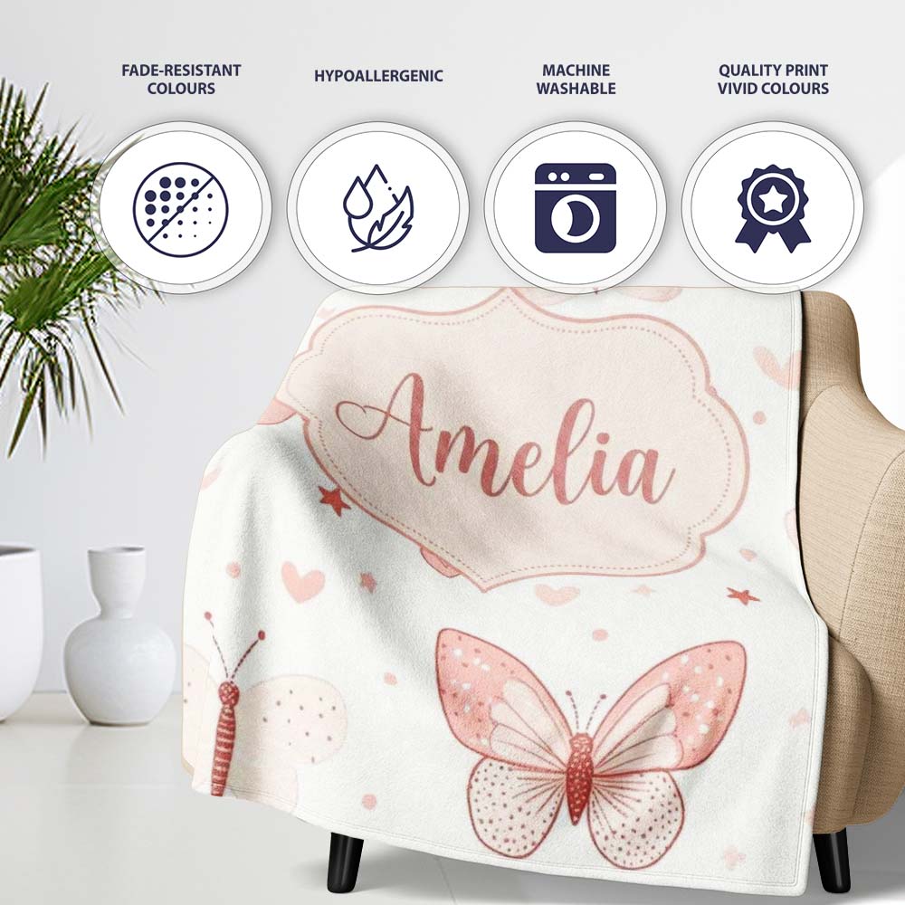 Cute Pink Butterfly Hearts Soft Pastel Seamless Pattern Name Unique Personalised Custom Name Super Soft Fleece Blanket Bed Sofa Throw