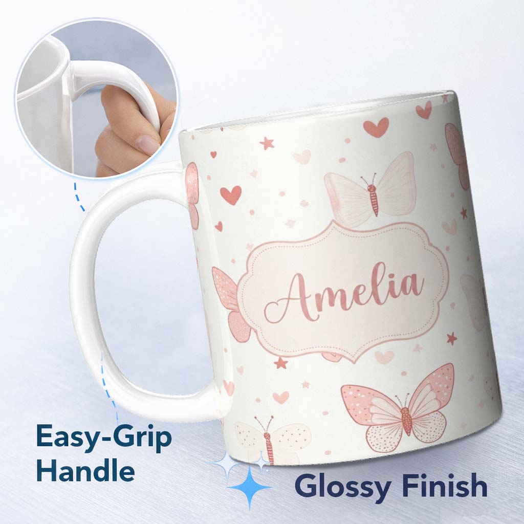 Personalized Custom Name Cute Pink Butterfly Hearts Soft Pastel Seamless Pattern Name Unique 11oz Ceramic Coffee Tea Mug White Large Handle