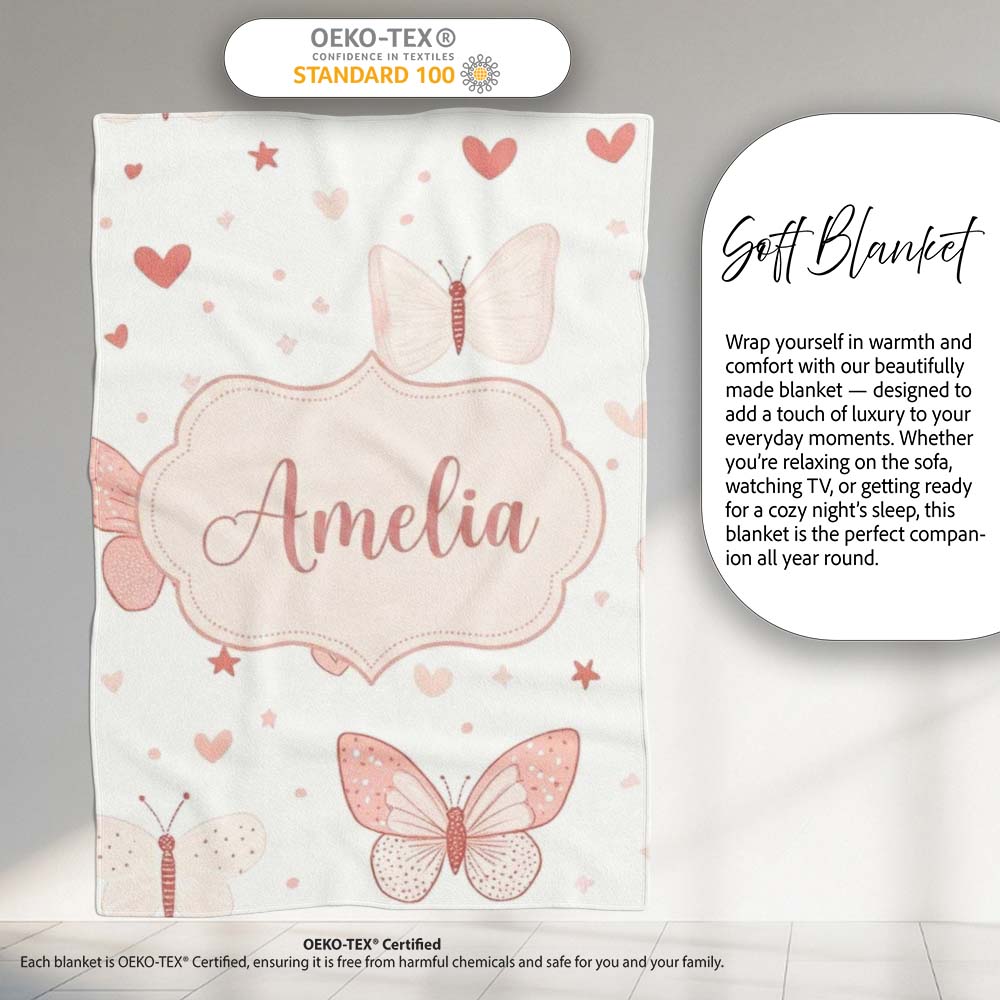Cute Pink Butterfly Hearts Soft Pastel Seamless Pattern Name Unique Personalised Custom Name Super Soft Fleece Blanket Bed Sofa Throw