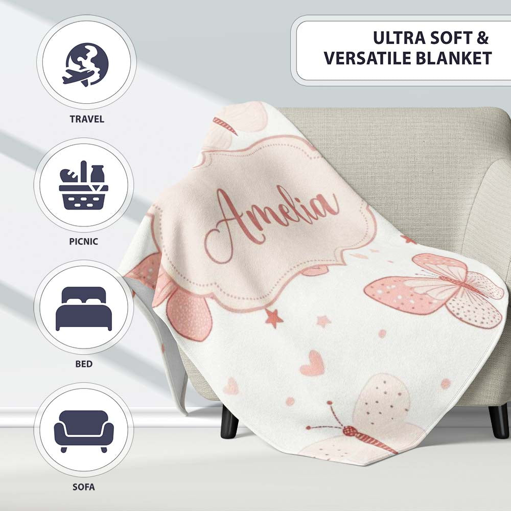 Cute Pink Butterfly Hearts Soft Pastel Seamless Pattern Name Unique Personalised Custom Name Super Soft Fleece Blanket Bed Sofa Throw