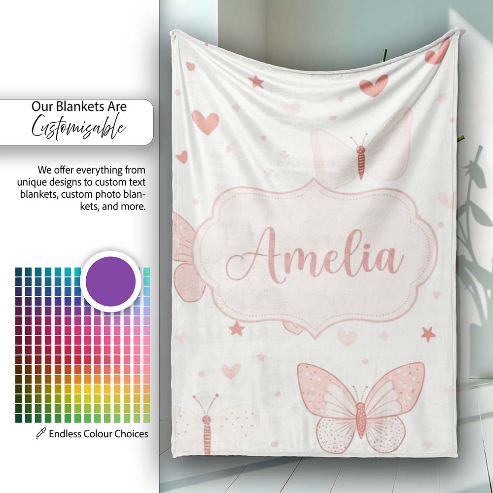 Cute Pink Butterfly Hearts Soft Pastel Seamless Pattern Name Unique Personalised Custom Name Super Soft Fleece Blanket Bed Sofa Throw