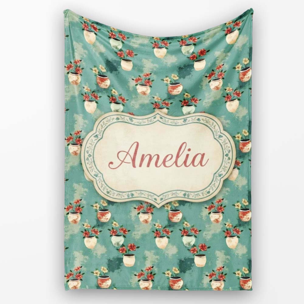 Vintage Floral Pots Rustic Garden Seamless Pattern Name Cute Unique Personalised Custom Name Super Soft Fleece Blanket Bed Sofa Throw