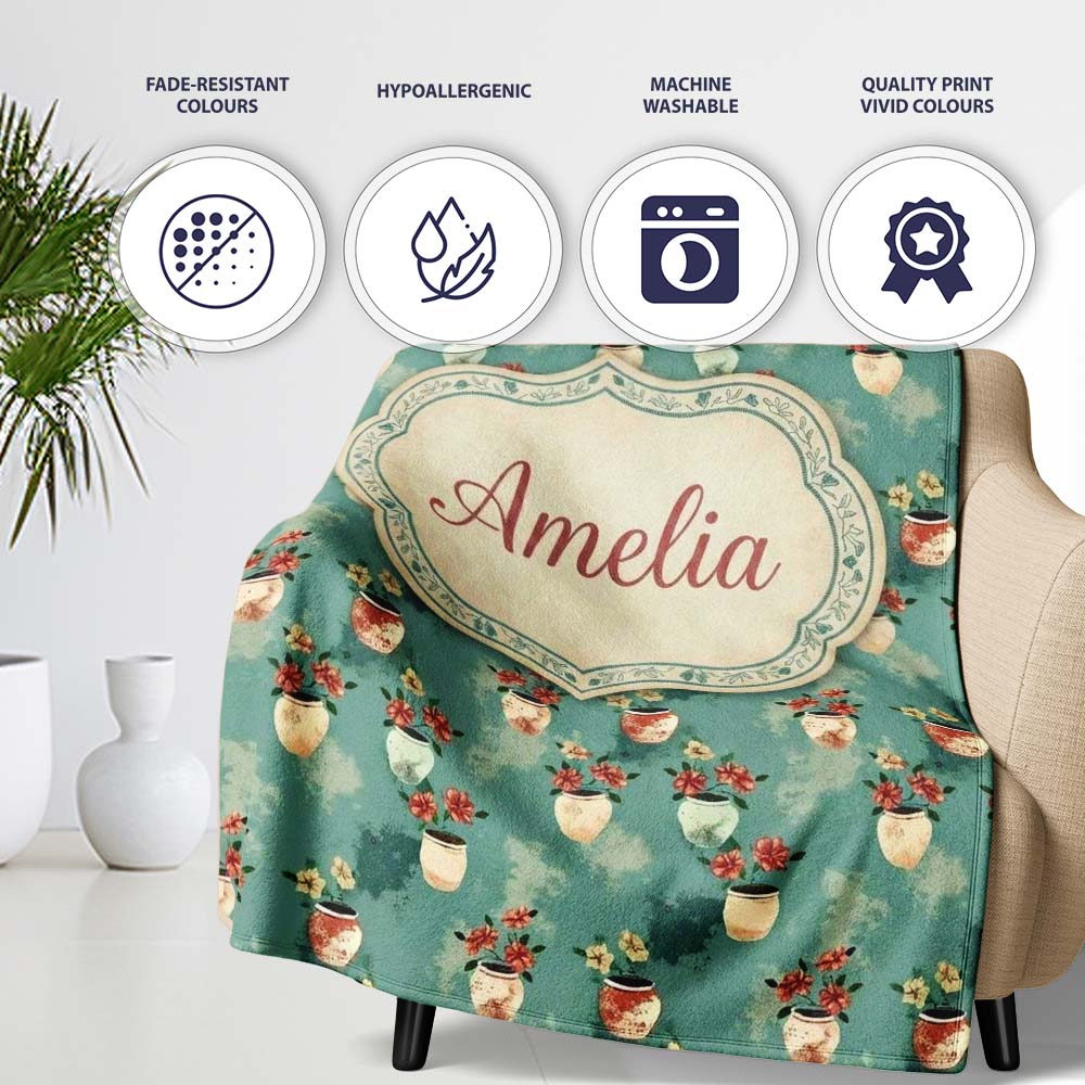Vintage Floral Pots Rustic Garden Seamless Pattern Name Cute Unique Personalised Custom Name Super Soft Fleece Blanket Bed Sofa Throw
