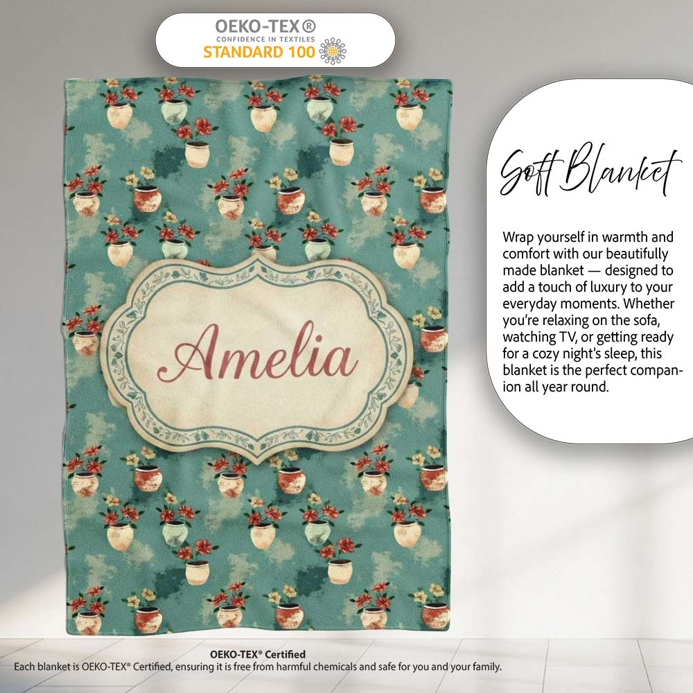 Vintage Floral Pots Rustic Garden Seamless Pattern Name Cute Unique Personalised Custom Name Super Soft Fleece Blanket Bed Sofa Throw