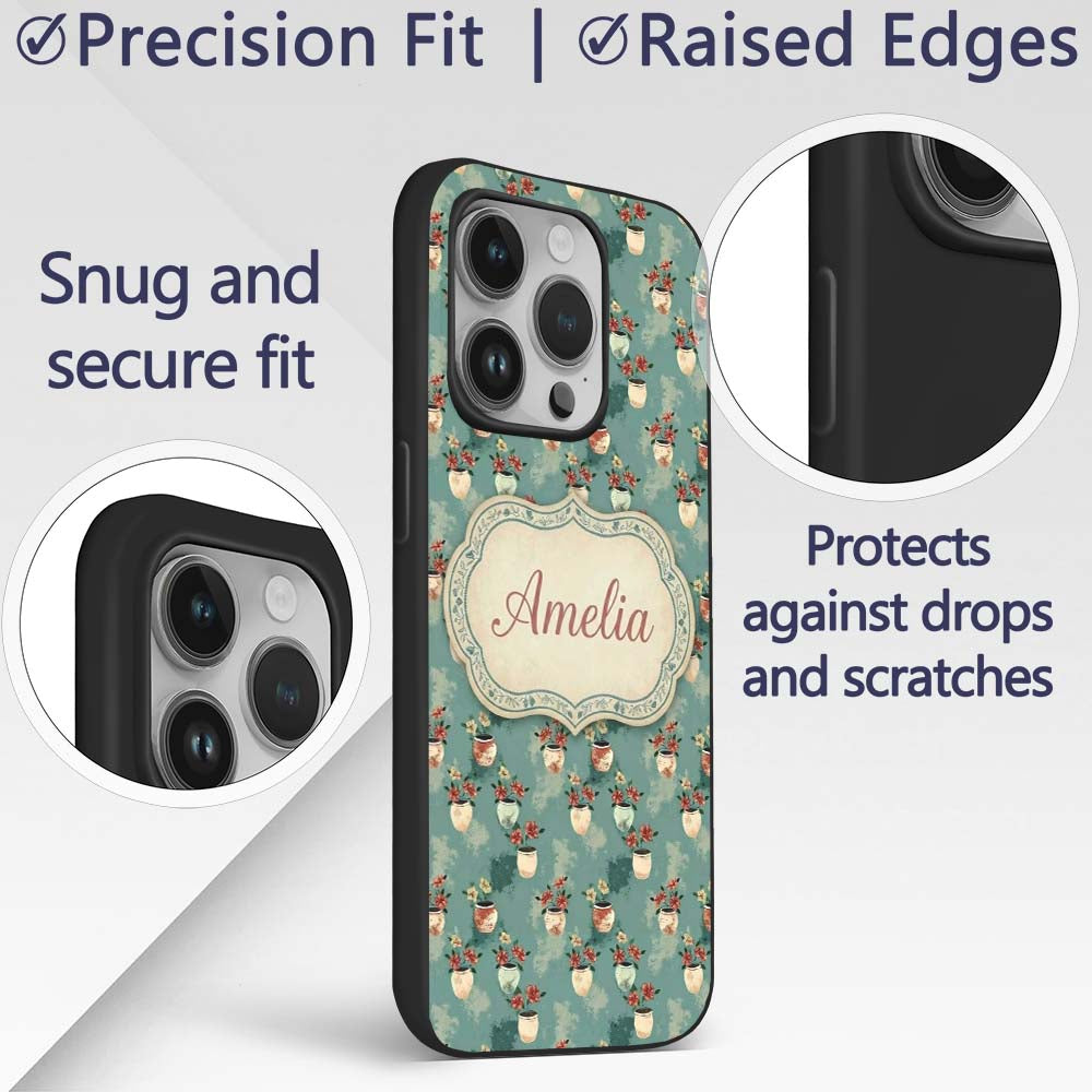 Vintage Floral Pots Rustic Garden Printed Design Custom Name Protective Phone Case Mobile Cover Durable Everyday Smartphone Shock Resistant