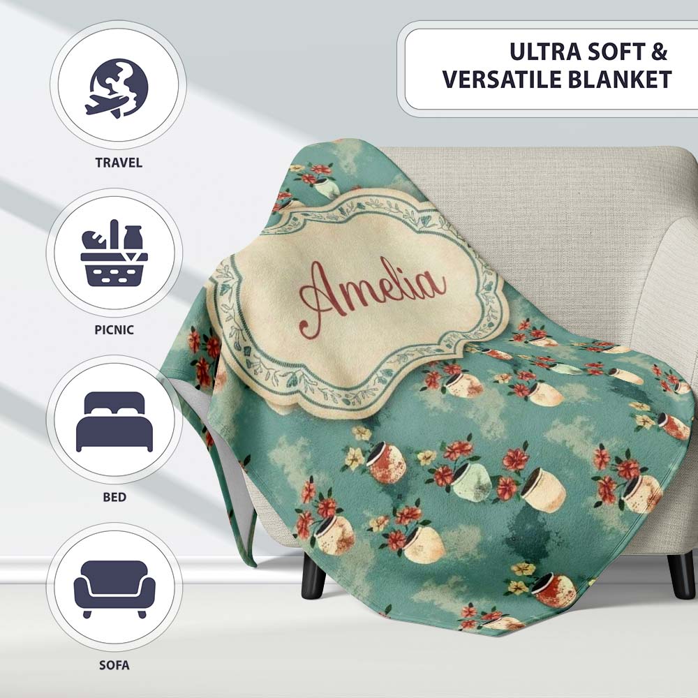 Vintage Floral Pots Rustic Garden Seamless Pattern Name Cute Unique Personalised Custom Name Super Soft Fleece Blanket Bed Sofa Throw