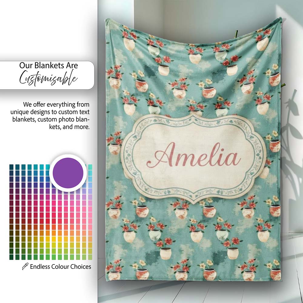 Vintage Floral Pots Rustic Garden Seamless Pattern Name Cute Unique Personalised Custom Name Super Soft Fleece Blanket Bed Sofa Throw