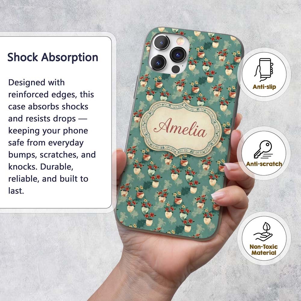 Vintage Floral Pots Rustic Garden Printed Design Custom Name Protective Phone Case Mobile Cover Durable Everyday Smartphone Shock Resistant
