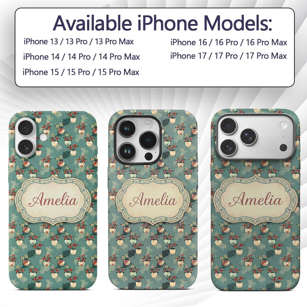 Vintage Floral Pots Rustic Garden Printed Design Custom Name Protective Phone Case Mobile Cover Durable Everyday Smartphone Shock Resistant