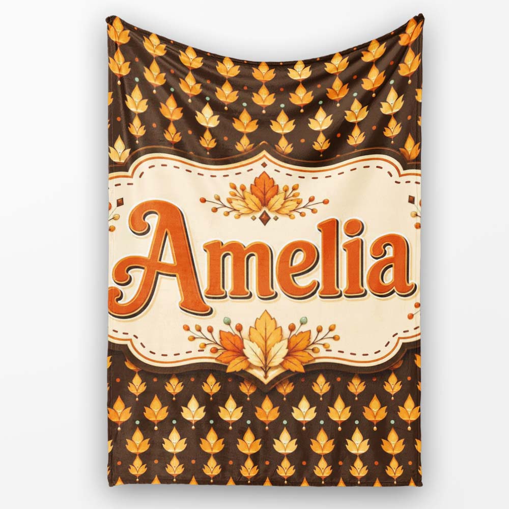 Autumn Golden Leaf Seamless Pattern on Dark Brown Background Lovely Personalised Custom Name Super Soft Fleece Blanket Bed Sofa Throw