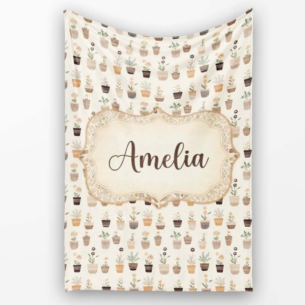 Minimal Plant Pots Neutral Botanical Seamless Pattern Name Cute Personalised Custom Name Super Soft Fleece Blanket Bed Sofa Throw