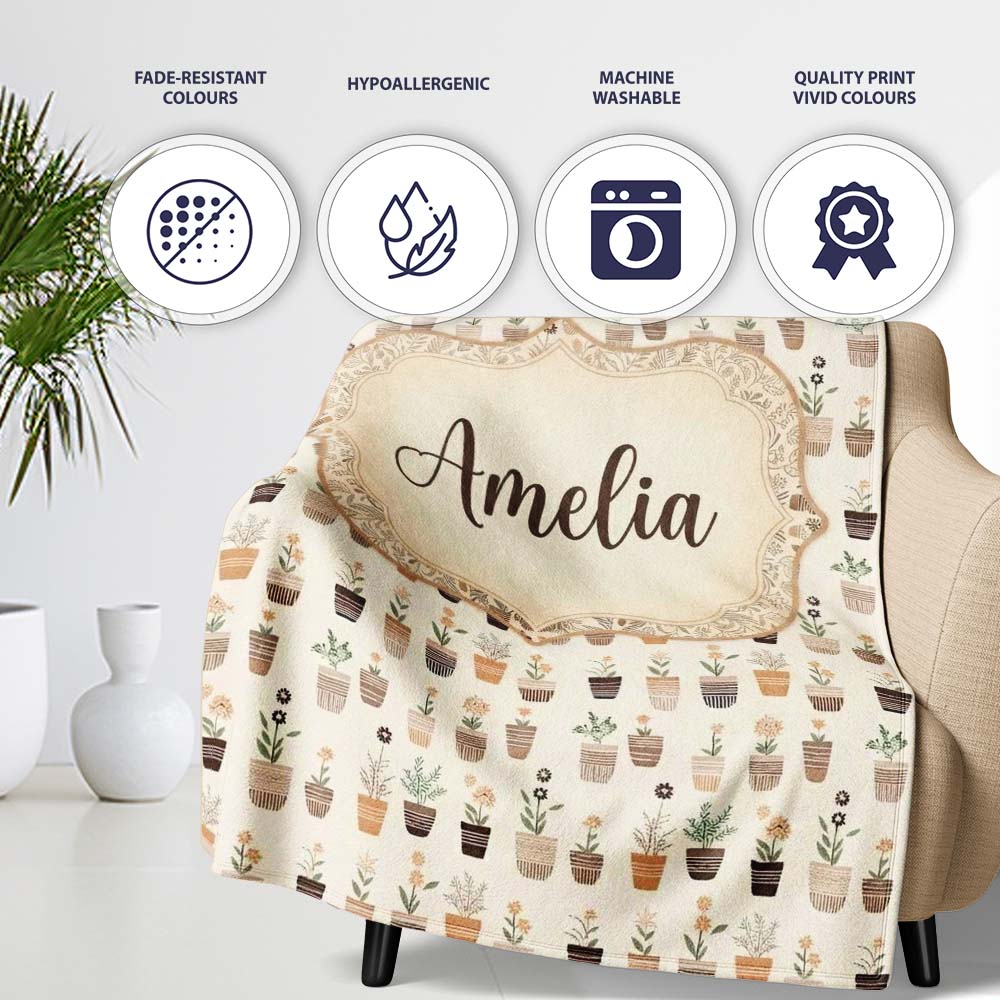Minimal Plant Pots Neutral Botanical Seamless Pattern Name Cute Personalised Custom Name Super Soft Fleece Blanket Bed Sofa Throw
