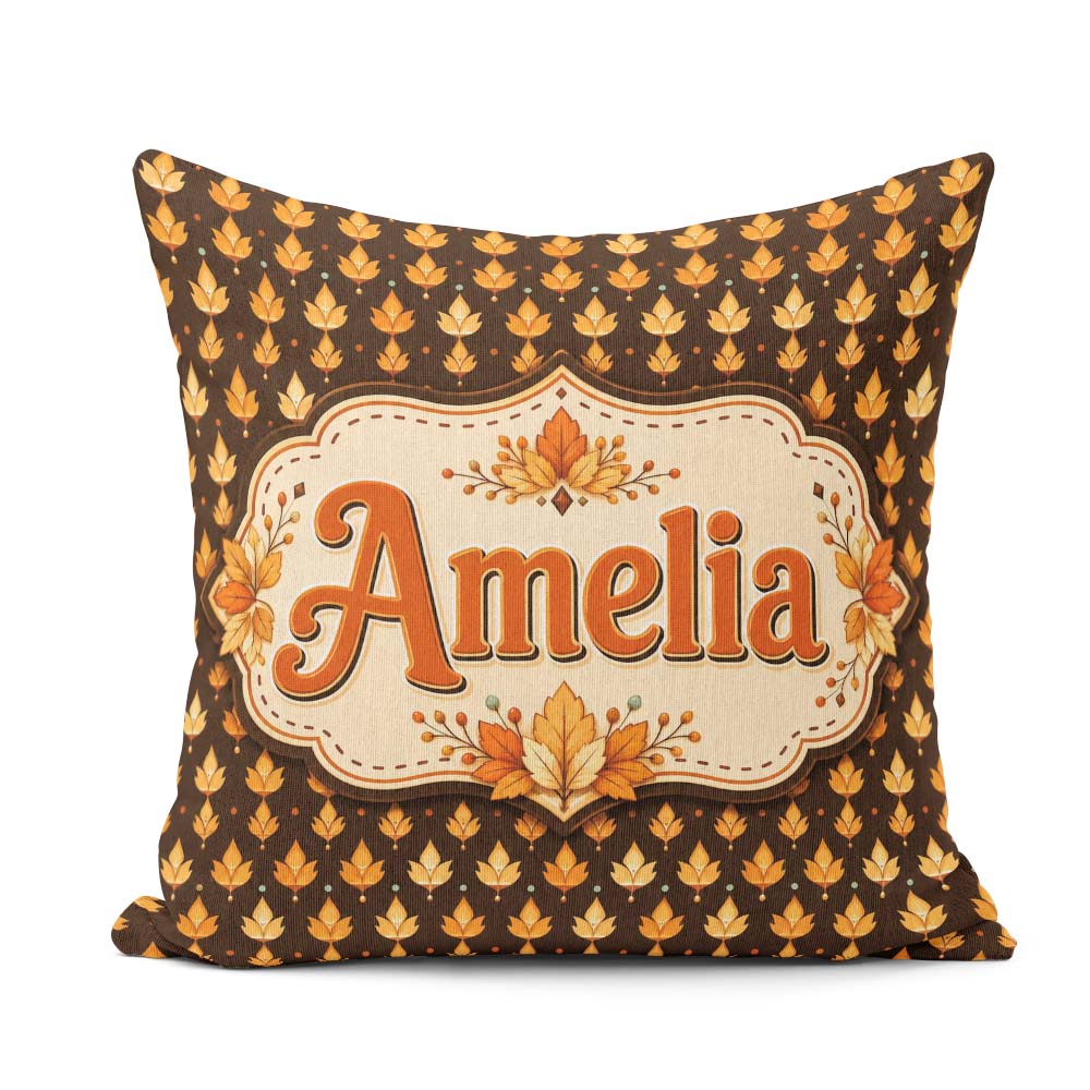 Custom Name Autumn Golden Leaf Seamless on Dark Brown Background Square Filled Cushion Throw Pillow Sofa Bed Home Decor Zip Washable UK Made