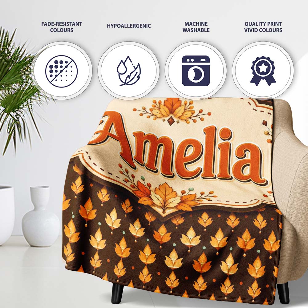 Autumn Golden Leaf Seamless Pattern on Dark Brown Background Lovely Personalised Custom Name Super Soft Fleece Blanket Bed Sofa Throw