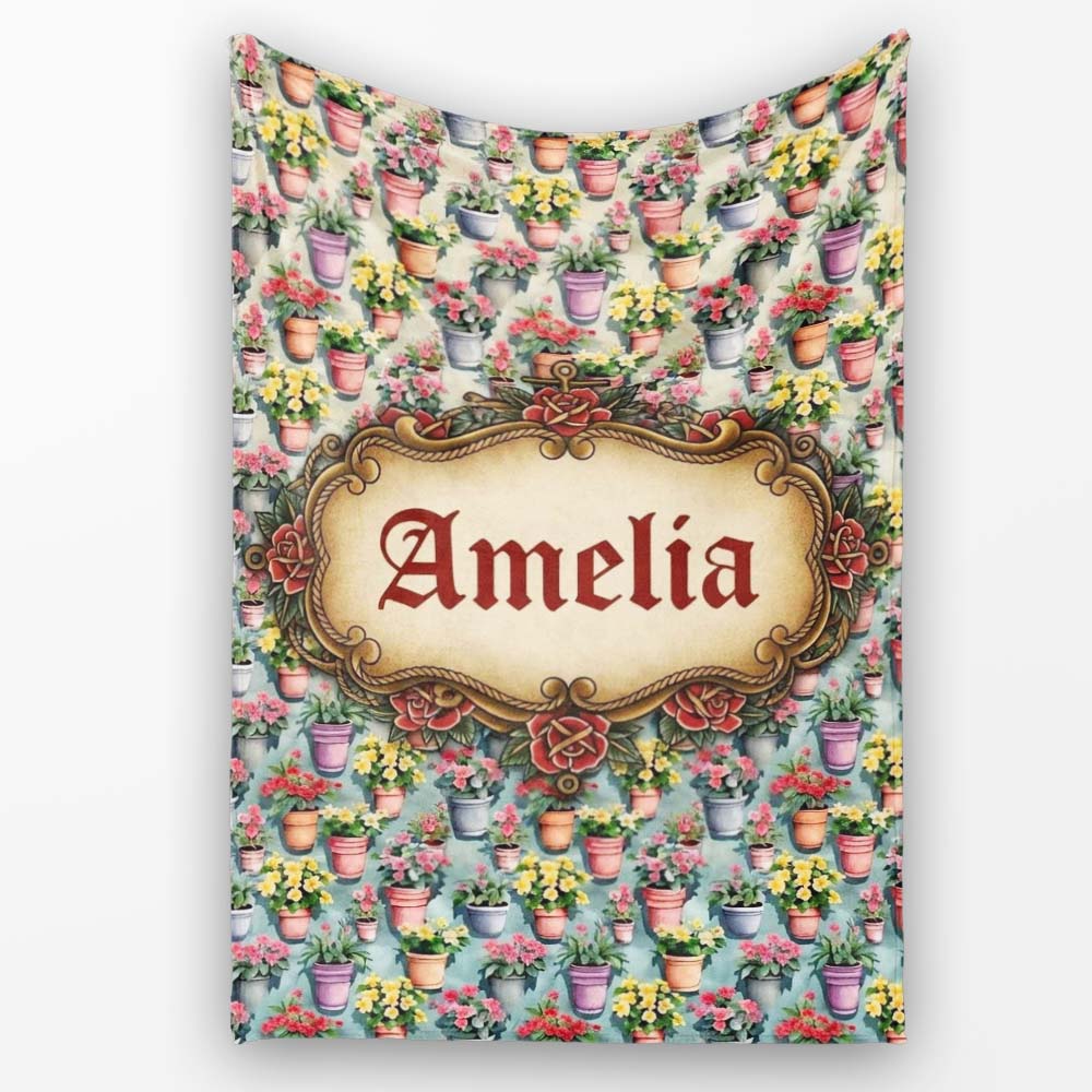 Colorful Flower Pots Garden Bloom Seamless Pattern Name Cute Unique Personalised Custom Name Super Soft Fleece Blanket Bed Sofa Throw