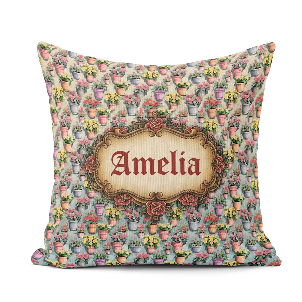 Custom Name Colorful Flower Pots Garden Bloom Seamless Name Cute Square Filled Cushion Throw Pillow Sofa Bed Home Decor Zip Washable UK Made
