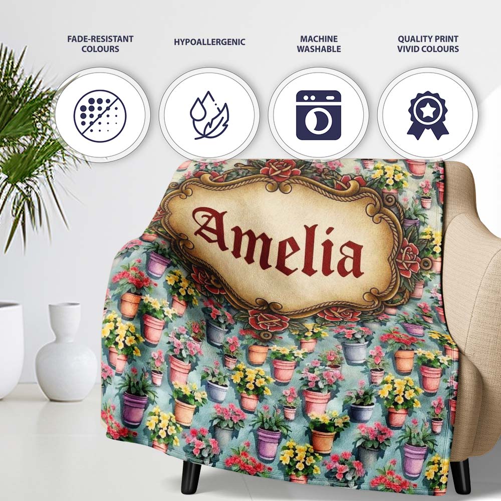 Colorful Flower Pots Garden Bloom Seamless Pattern Name Cute Unique Personalised Custom Name Super Soft Fleece Blanket Bed Sofa Throw