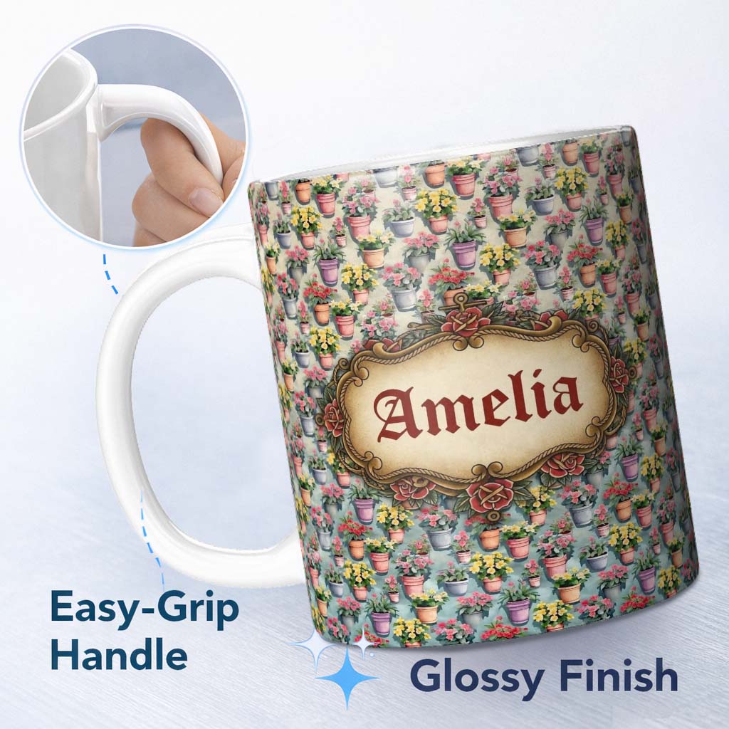 Personalized Custom Name Colorful Flower Pots Garden Bloom Seamless Pattern Name Cute Unique 11oz Ceramic Coffee Tea Mug White Large Handle