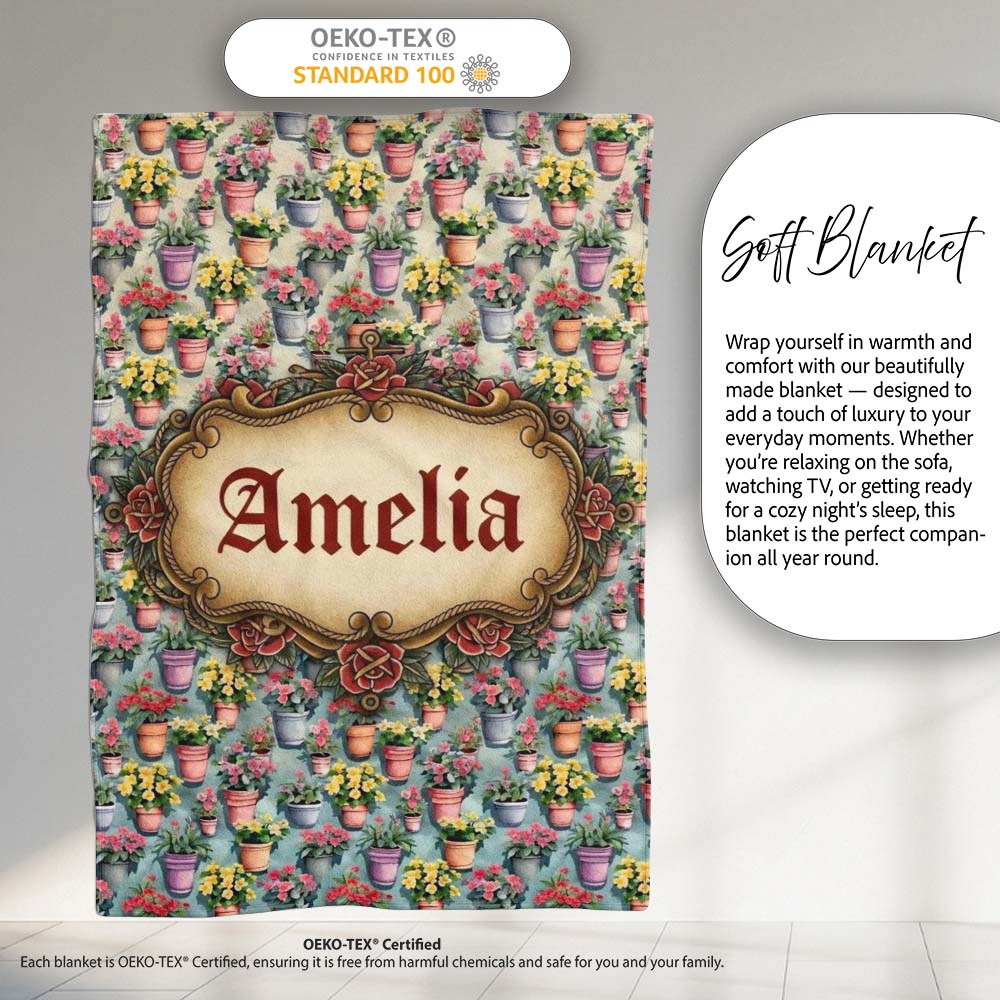 Colorful Flower Pots Garden Bloom Seamless Pattern Name Cute Unique Personalised Custom Name Super Soft Fleece Blanket Bed Sofa Throw