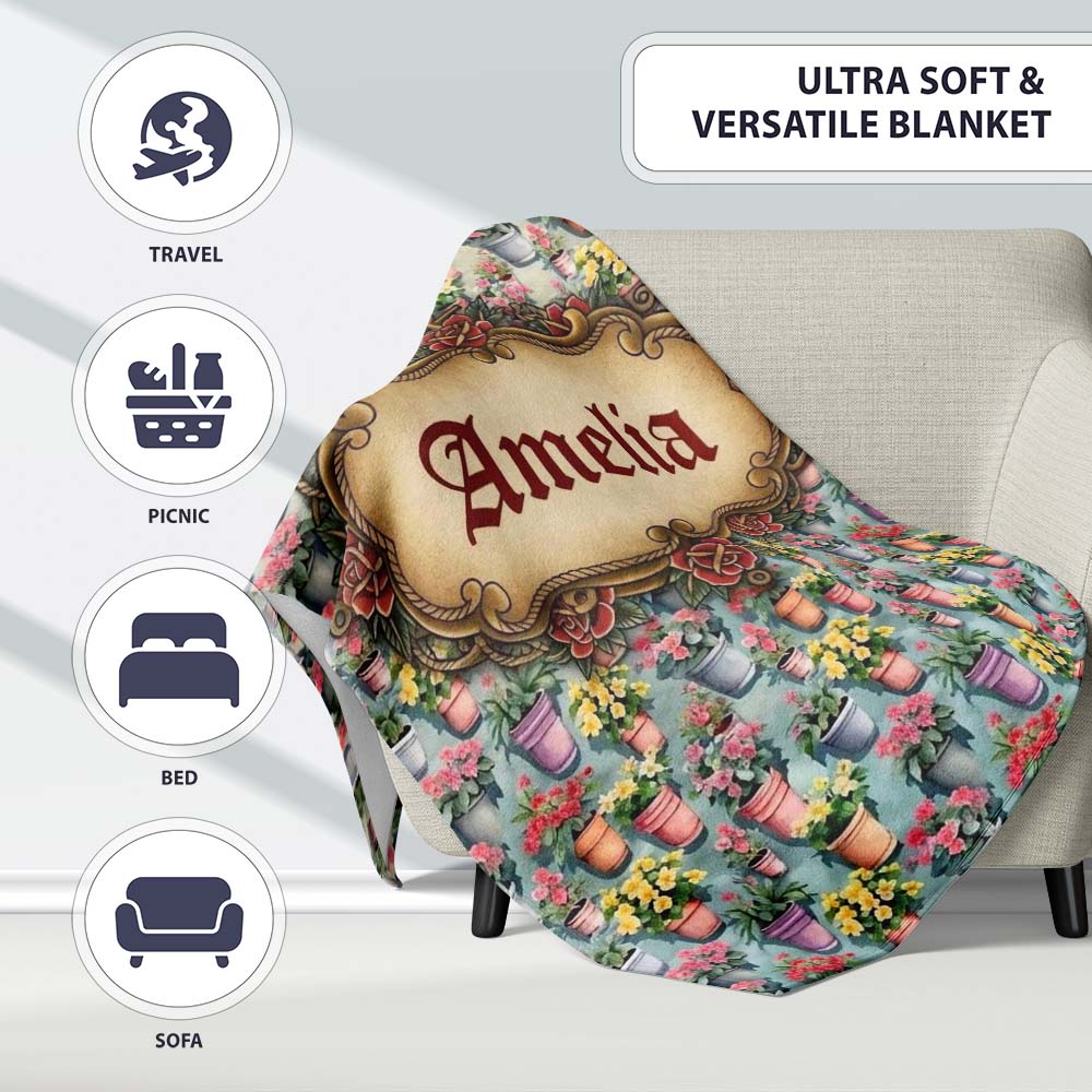 Colorful Flower Pots Garden Bloom Seamless Pattern Name Cute Unique Personalised Custom Name Super Soft Fleece Blanket Bed Sofa Throw