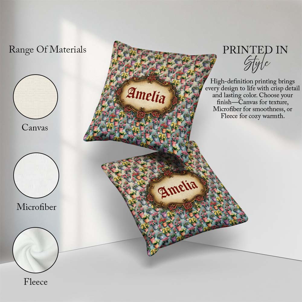 Custom Name Colorful Flower Pots Garden Bloom Seamless Name Cute Square Filled Cushion Throw Pillow Sofa Bed Home Decor Zip Washable UK Made