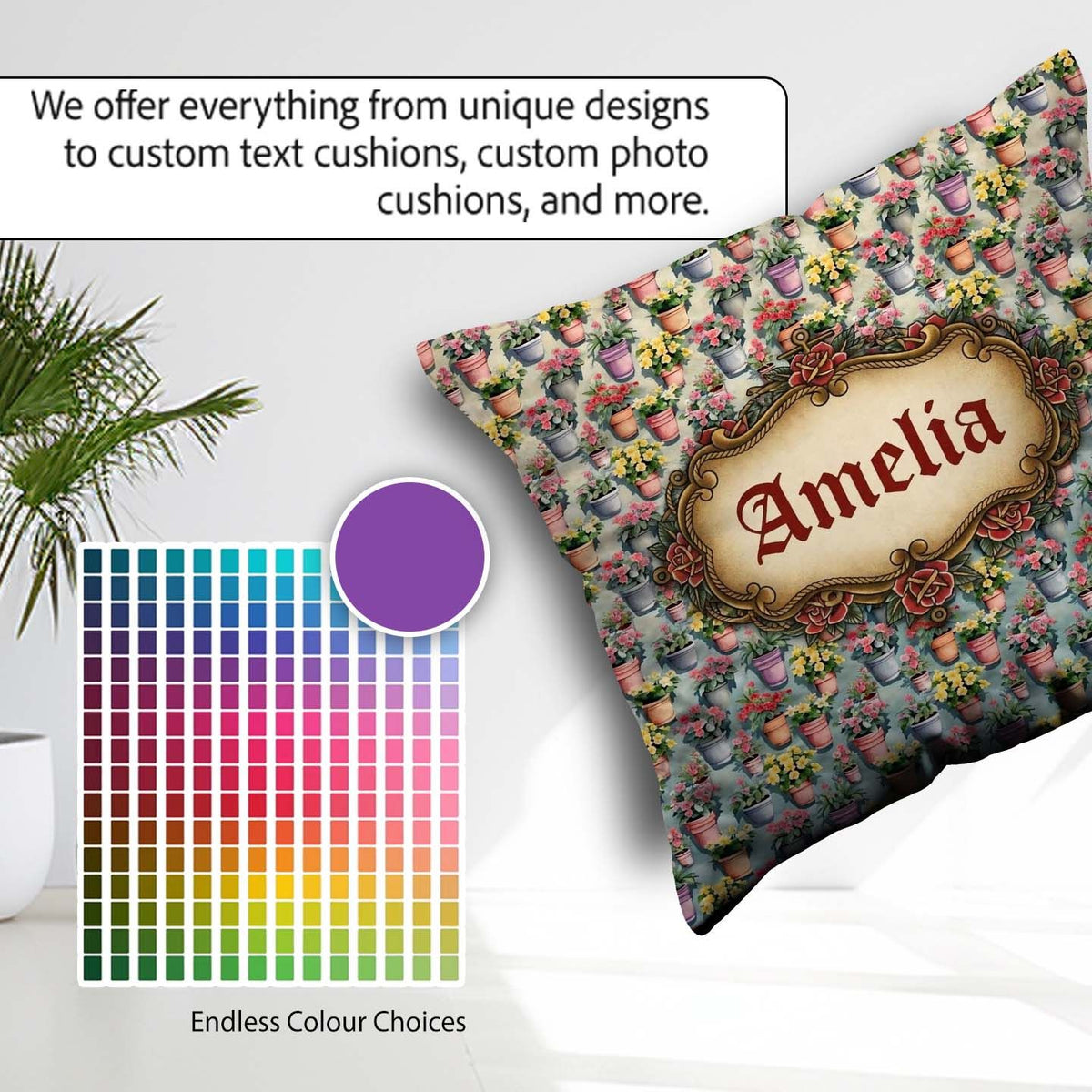 Custom Name Colorful Flower Pots Garden Bloom Seamless Name Cute Square Filled Cushion Throw Pillow Sofa Bed Home Decor Zip Washable UK Made