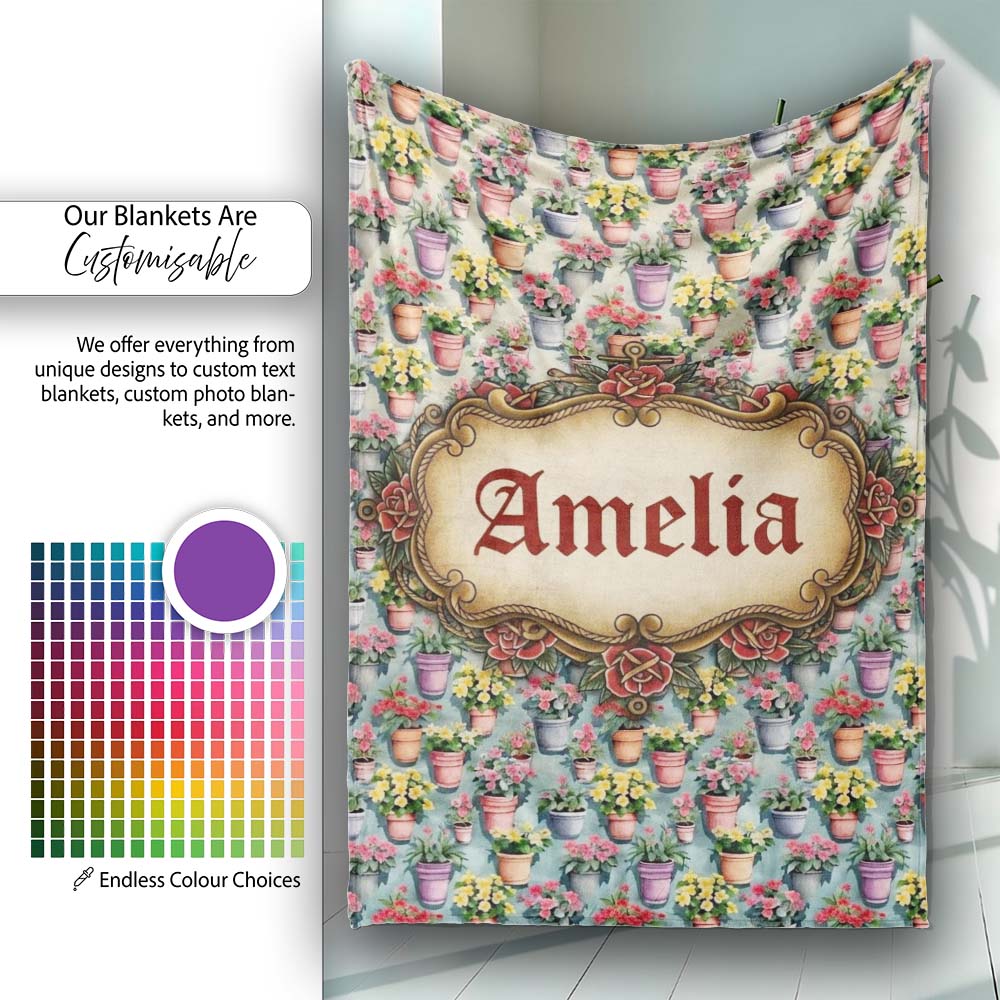 Colorful Flower Pots Garden Bloom Seamless Pattern Name Cute Unique Personalised Custom Name Super Soft Fleece Blanket Bed Sofa Throw