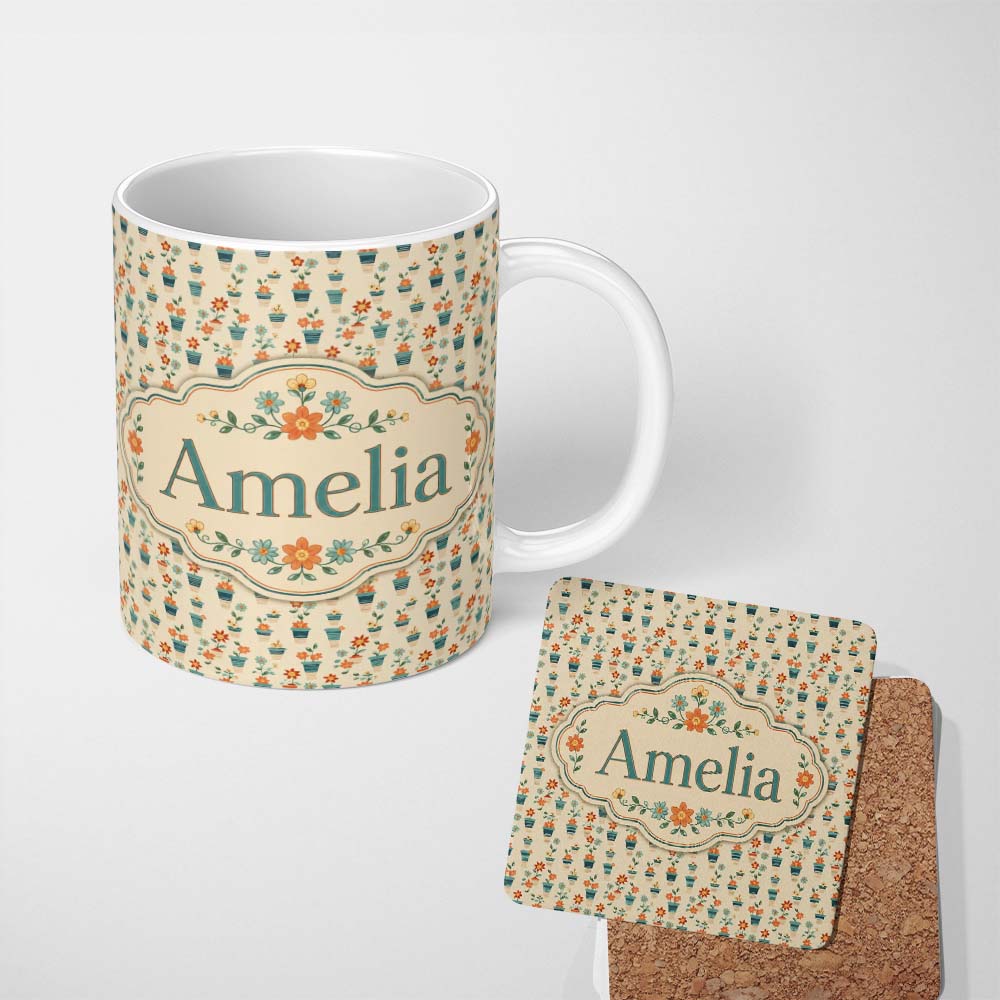 Personalized Custom Name Retro Floral Pots Orange Blue Seamless Pattern Name Cute Unique Gift 11oz Ceramic Coffee Tea Mug White Large Handle