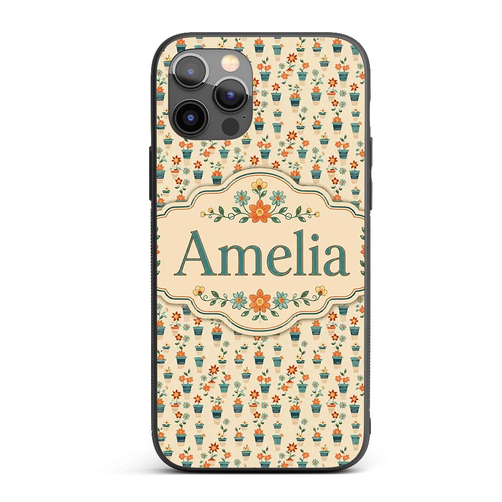 Retro Floral Pots Orange Blue Seamless Pattern Custom Name Protective Phone Case Mobile Cover Durable Everyday Smartphone Shock Resistant