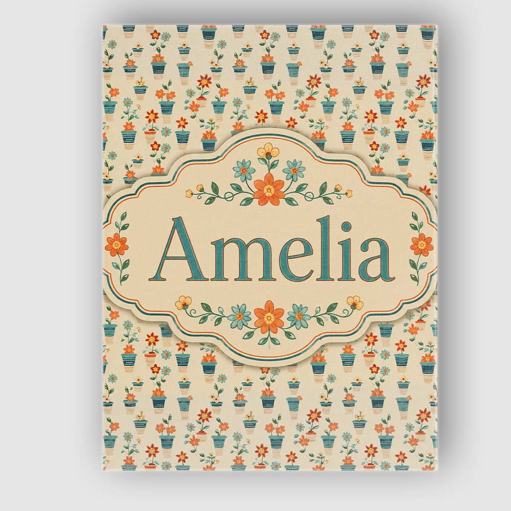 Personalised Name Retro Floral Pots Orange Custom Unique Gift Idea Elegant Feature Canvas Wall Art Print Decor Picture Ready to Hang