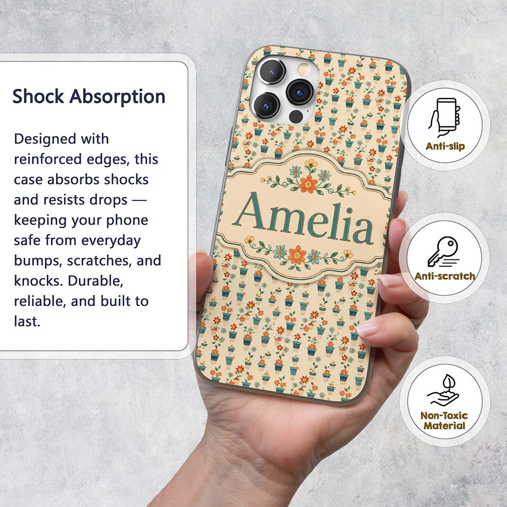 Retro Floral Pots Orange Blue Seamless Pattern Custom Name Protective Phone Case Mobile Cover Durable Everyday Smartphone Shock Resistant