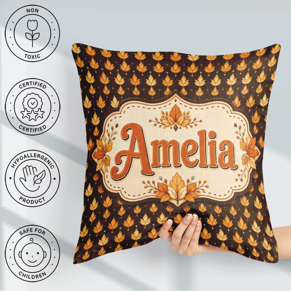 Custom Name Autumn Golden Leaf Seamless on Dark Brown Background Square Filled Cushion Throw Pillow Sofa Bed Home Decor Zip Washable UK Made