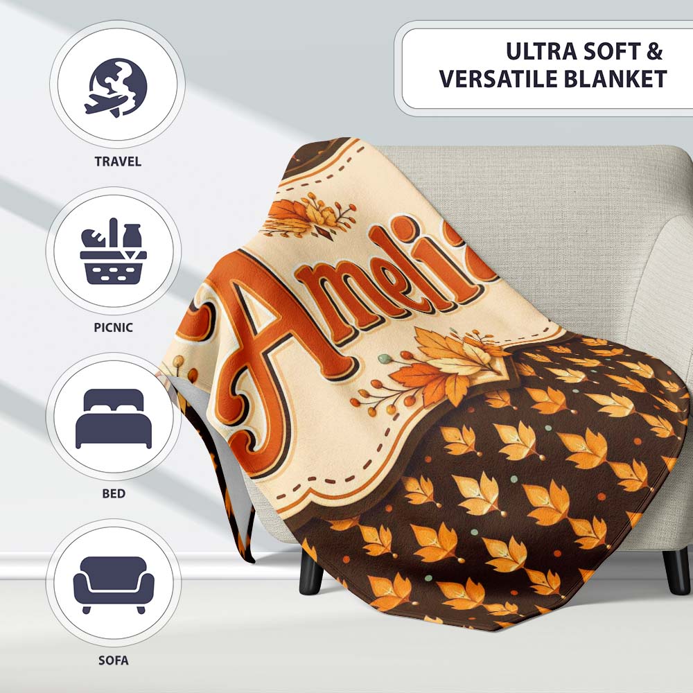 Autumn Golden Leaf Seamless Pattern on Dark Brown Background Lovely Personalised Custom Name Super Soft Fleece Blanket Bed Sofa Throw