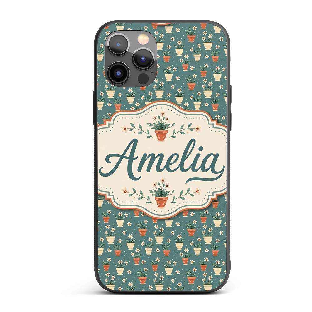 Small White Flower Pots Green Seamless Pattern Custom Name Protective Phone Case Mobile Cover Durable Everyday Smartphone Shock Resistant