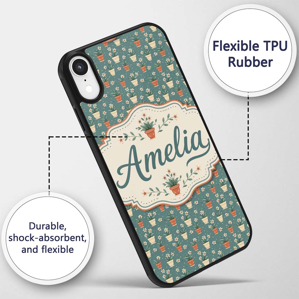 Small White Flower Pots Green Seamless Pattern Custom Name Protective Phone Case Mobile Cover Durable Everyday Smartphone Shock Resistant