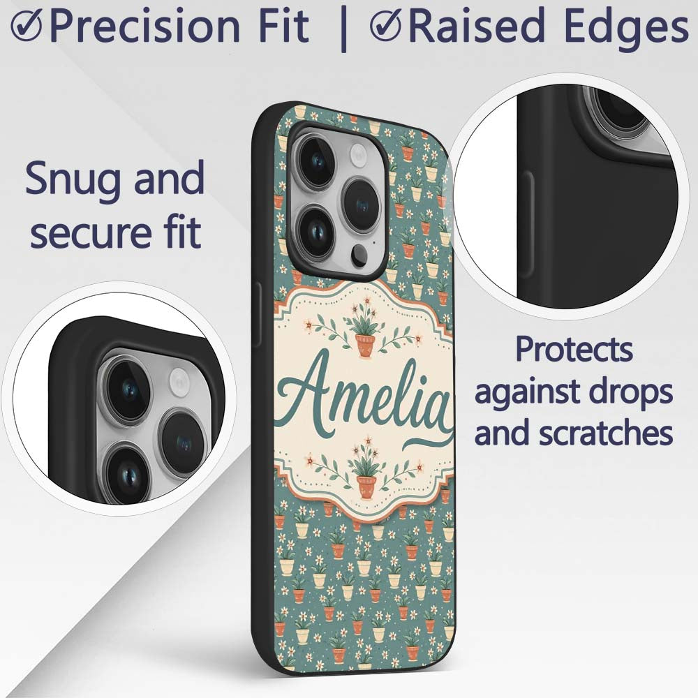 Small White Flower Pots Green Seamless Pattern Custom Name Protective Phone Case Mobile Cover Durable Everyday Smartphone Shock Resistant