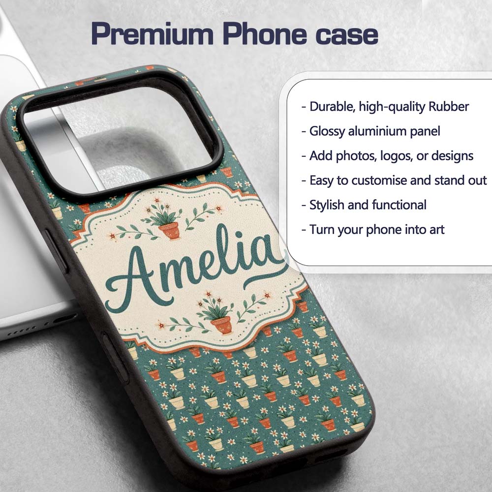 Small White Flower Pots Green Seamless Pattern Custom Name Protective Phone Case Mobile Cover Durable Everyday Smartphone Shock Resistant