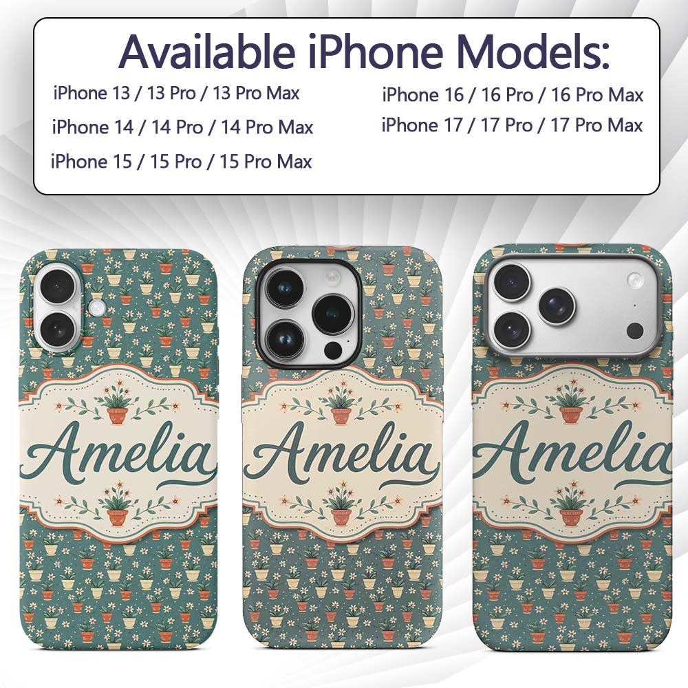 Small White Flower Pots Green Seamless Pattern Custom Name Protective Phone Case Mobile Cover Durable Everyday Smartphone Shock Resistant